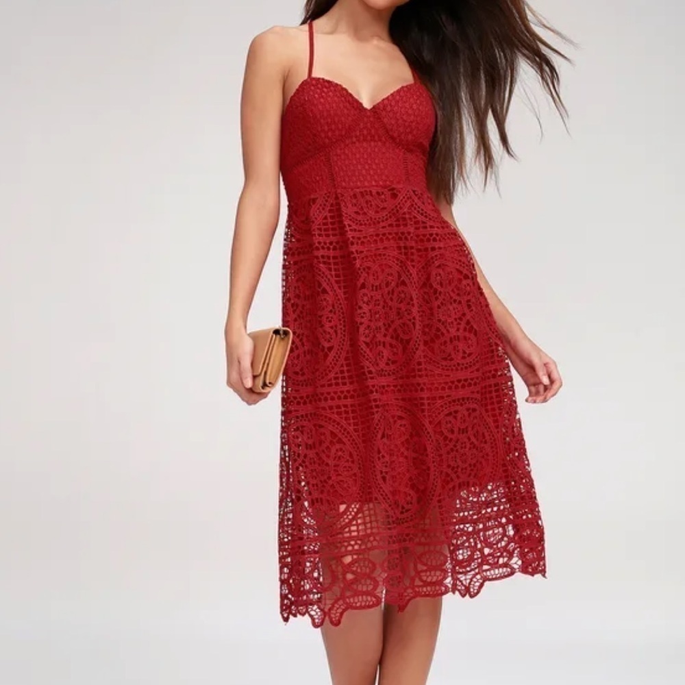 Lulus Real Life Dream Berry Red Lace Midi Dress - Picture 2 of 12